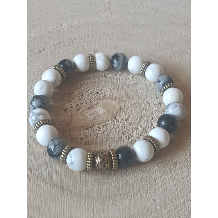 Bracelet Obsidienne flocons/Howlite "Pureté et tranquilité"
