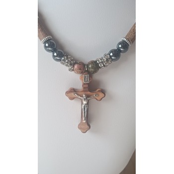 Collier "Jésus" Unakite-Rhodonite-Hématite-Noisetier