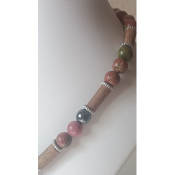 Collier "Jésus" Unakite-Rhodonite-Hématite-Noisetier