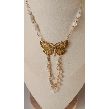 Collier "Renouveau printanier" Quartz rose/Nacre